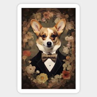 Floral Corgi Portrait in Suit Vintage Art Sticker